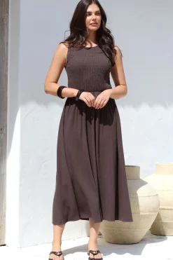 Adrian Midi Dress - Sleeveless Shirred Bodice A-Line Dress in Chocolate><noscript><img width=