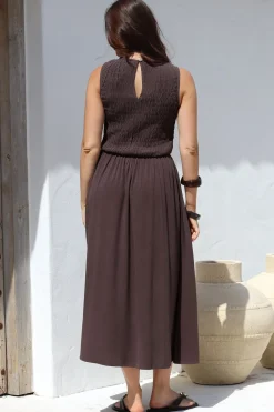 Adrian Midi Dress - Sleeveless Shirred Bodice A-Line Dress in Chocolate><noscript><img width=