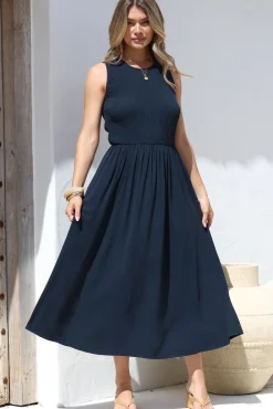 Adrian Midi Dress - Sleeveless Shirred Bodice A-Line Dress in Navy><noscript><img width=