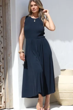 Adrian Midi Dress - Sleeveless Shirred Bodice A-Line Dress in Navy><noscript><img width=