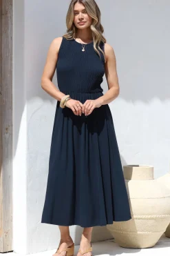Adrian Midi Dress - Sleeveless Shirred Bodice A-Line Dress in Navy><noscript><img width=