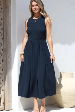 Adrian Midi Dress - Sleeveless Shirred Bodice A-Line Dress in Navy><noscript><img width=