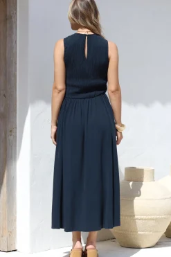 Adrian Midi Dress - Sleeveless Shirred Bodice A-Line Dress in Navy><noscript><img width=