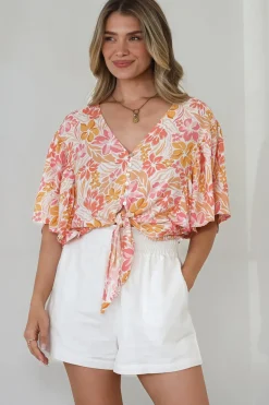 Aideen Top - Flutter Sleeve Tie Up Front Top in Celine Print><noscript><img width=