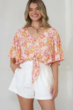 Aideen Top - Flutter Sleeve Tie Up Front Top in Celine Print><noscript><img width=