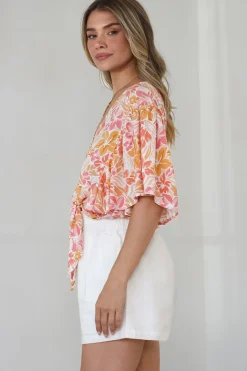 Aideen Top - Flutter Sleeve Tie Up Front Top in Celine Print><noscript><img width=