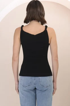 Alane Top - Twist Strap Asymmetric Neckline Top in Black><noscript><img width=