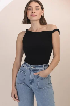Alane Top - Twist Strap Asymmetric Neckline Top in Black><noscript><img width=