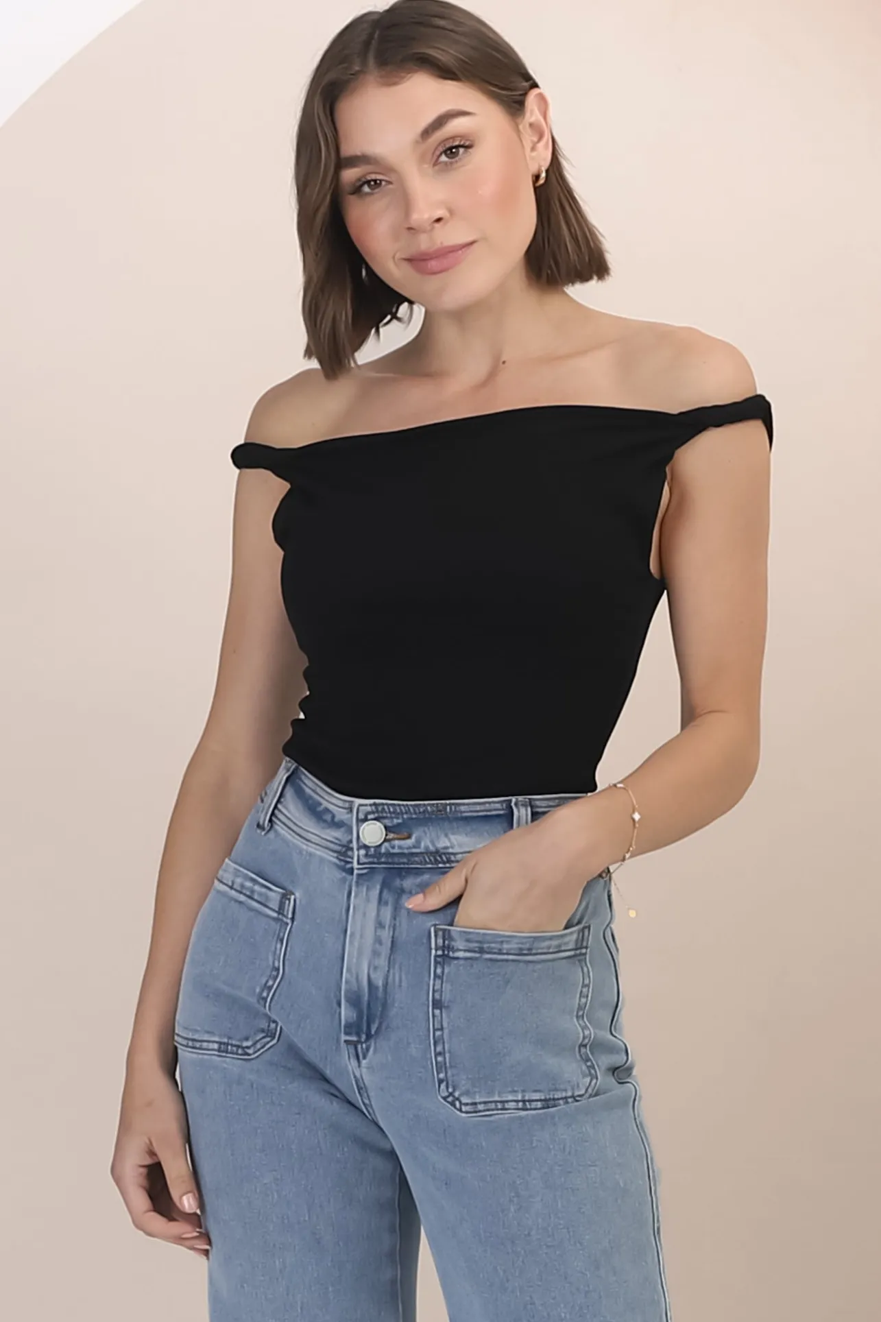 Alane Top - Twist Strap Asymmetric Neckline Top in Black>Salty Crush Best