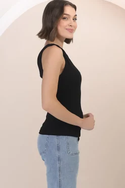 Alane Top - Twist Strap Asymmetric Neckline Top in Black><noscript><img width=