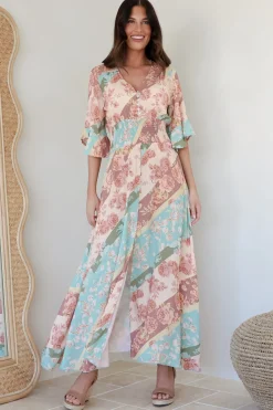 Alba Maxi Dress - Buttoned Bodice A Line Dress With Flute Sleeves In Clavelle Print>Salty Crush Hot
