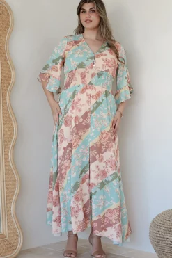 Alba Maxi Dress - Buttoned Bodice A Line Dress With Flute Sleeves In Clavelle Print>Salty Crush Hot