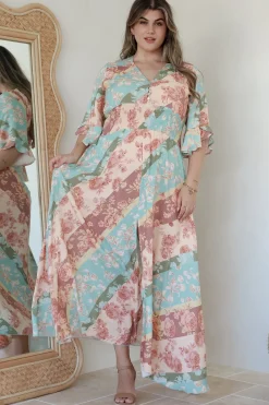 Alba Maxi Dress - Buttoned Bodice A Line Dress With Flute Sleeves In Clavelle Print><noscript><img width=
