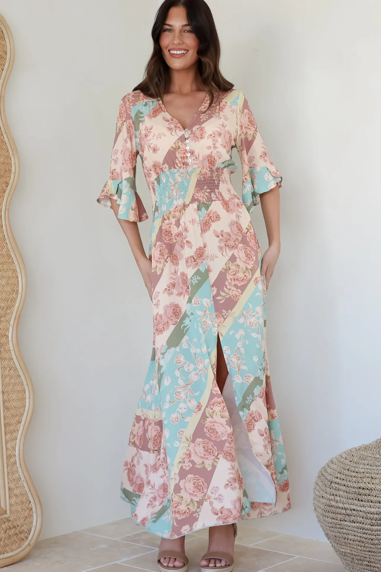 Alba Maxi Dress - Buttoned Bodice A Line Dress With Flute Sleeves In Clavelle Print>Salty Crush Hot