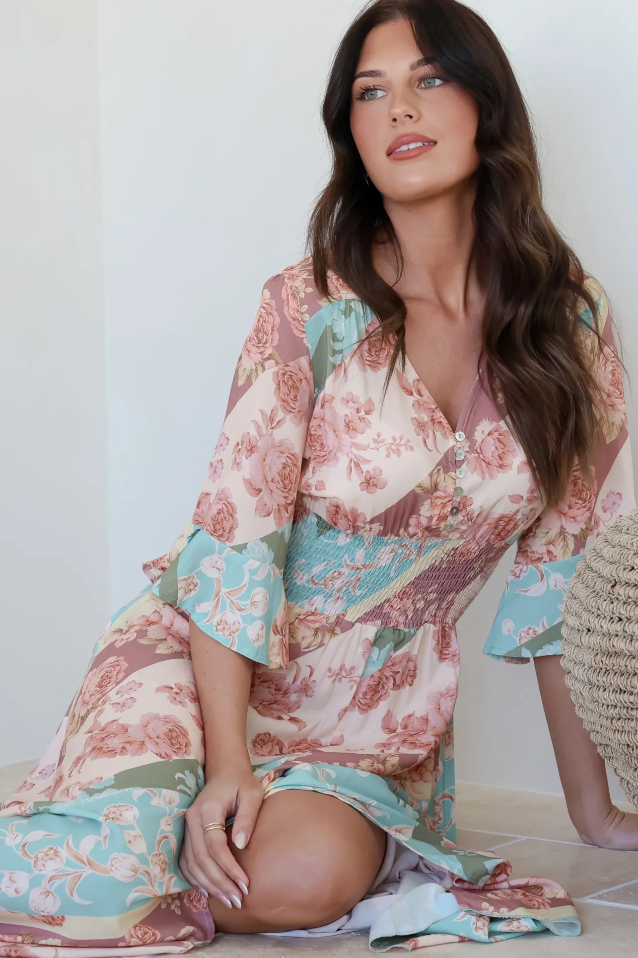 Alba Maxi Dress - Buttoned Bodice A Line Dress With Flute Sleeves In Clavelle Print>Salty Crush Hot