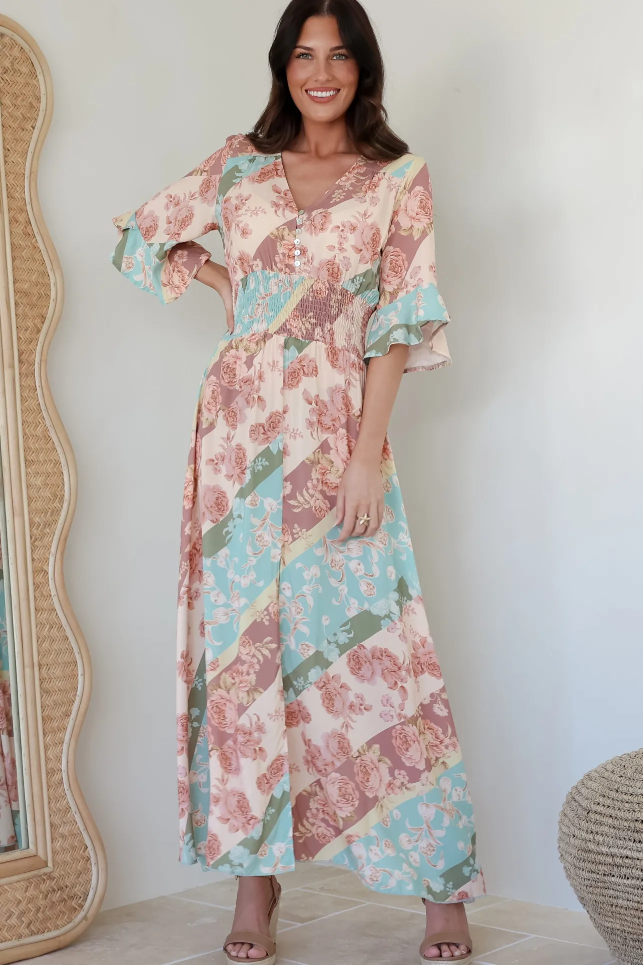 Alba Maxi Dress - Buttoned Bodice A Line Dress With Flute Sleeves In Clavelle Print>Salty Crush Hot