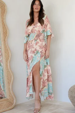 Alba Maxi Dress - Buttoned Bodice A Line Dress With Flute Sleeves In Clavelle Print><noscript><img width=