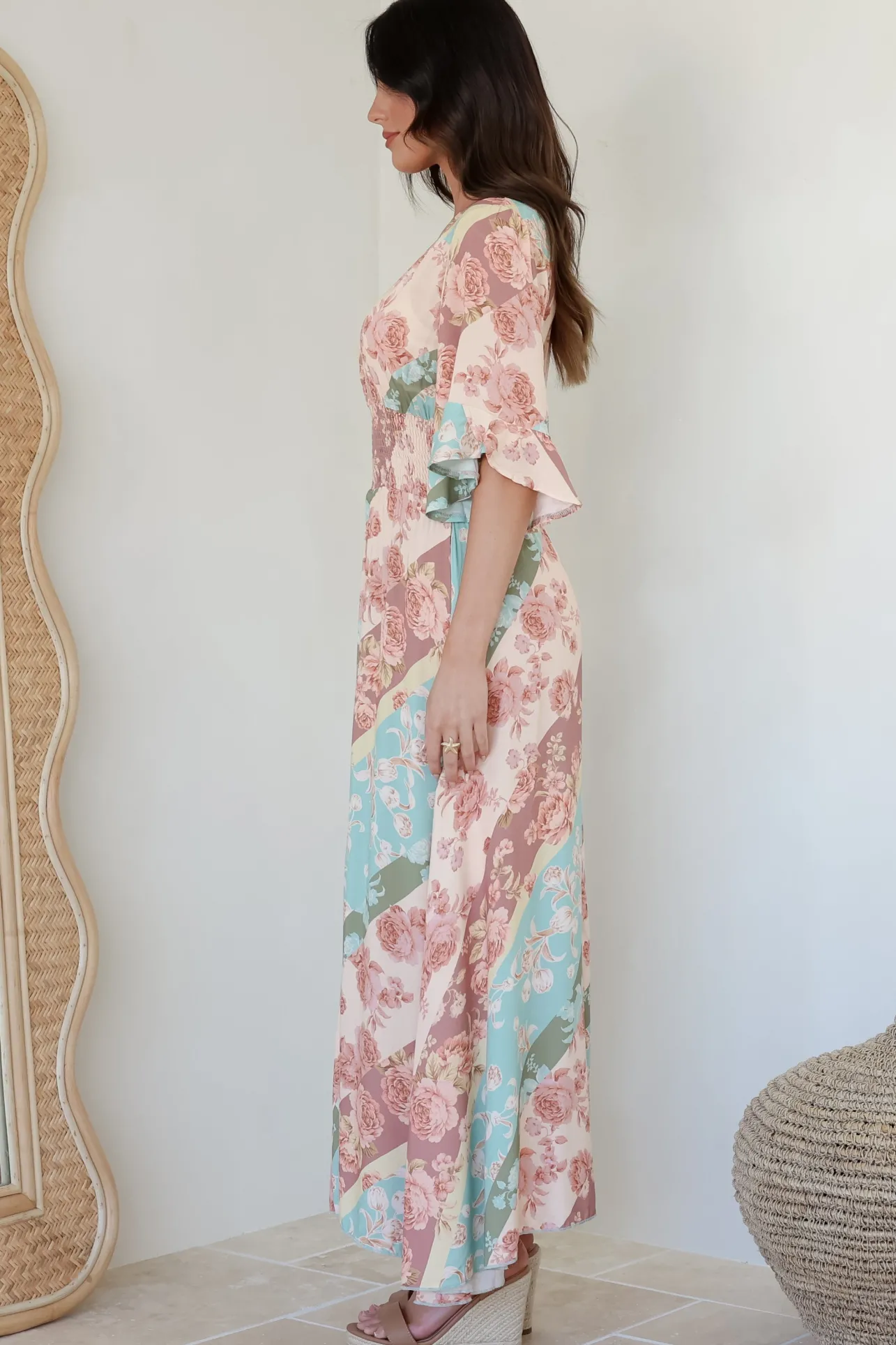 Alba Maxi Dress - Buttoned Bodice A Line Dress With Flute Sleeves In Clavelle Print>Salty Crush Hot