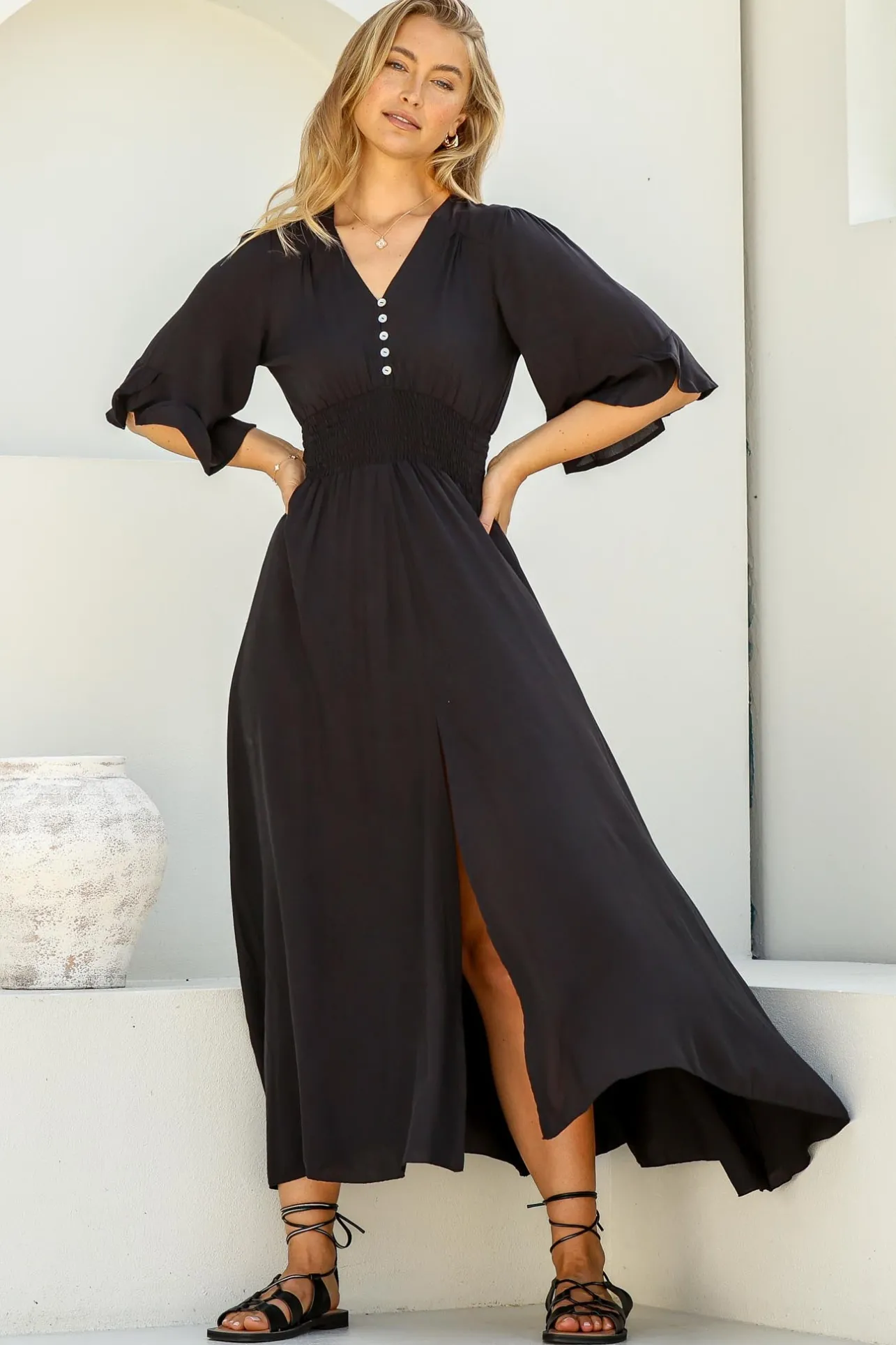 Alba Maxi Dress - Buttoned Bodice A Line Dress in Black>Salty Crush Best