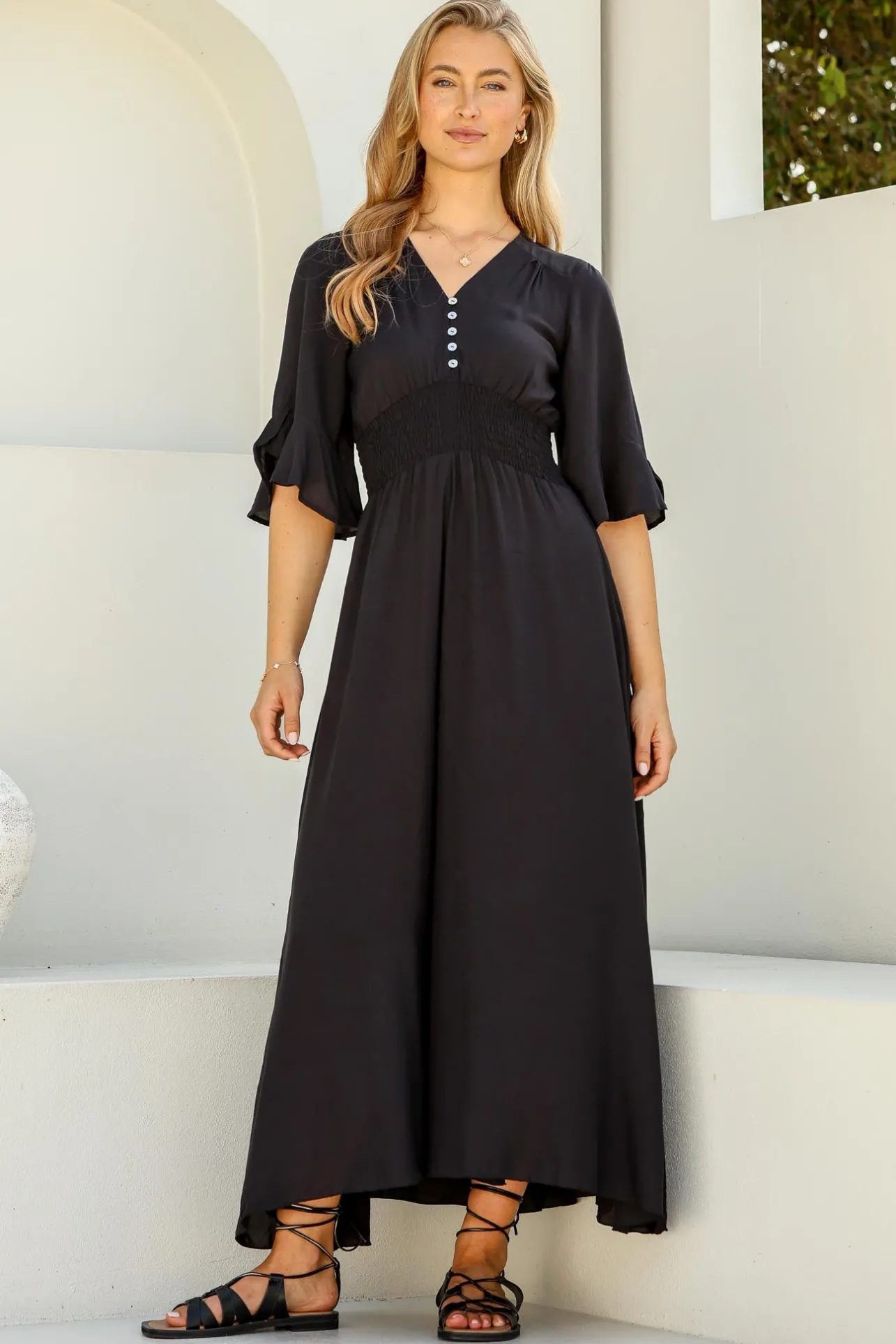 Alba Maxi Dress - Buttoned Bodice A Line Dress in Black>Salty Crush Best