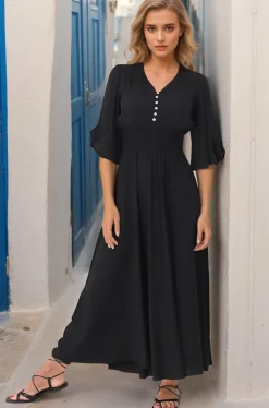 Alba Maxi Dress - Buttoned Bodice A Line Dress in Black><noscript><img width=