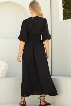 Alba Maxi Dress - Buttoned Bodice A Line Dress in Black><noscript><img width=