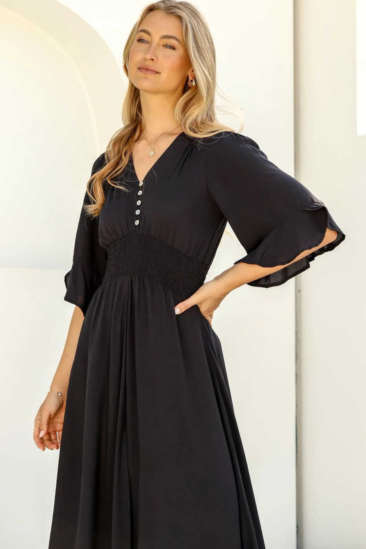 Alba Maxi Dress - Buttoned Bodice A Line Dress in Black>Salty Crush Best