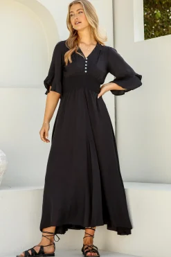 Alba Maxi Dress - Buttoned Bodice A Line Dress in Black><noscript><img width=