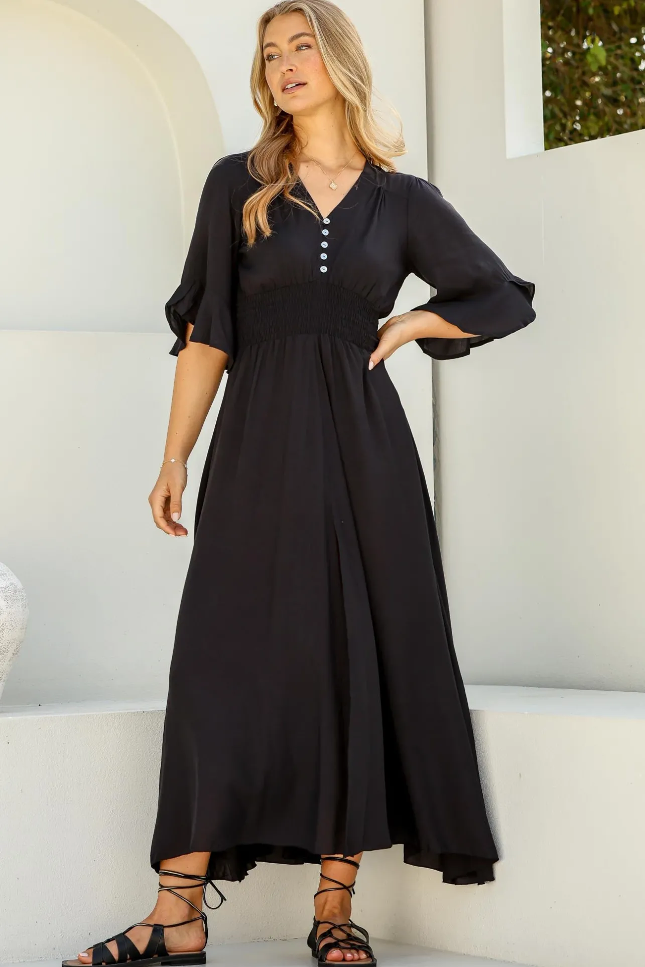 Alba Maxi Dress - Buttoned Bodice A Line Dress in Black>Salty Crush Best