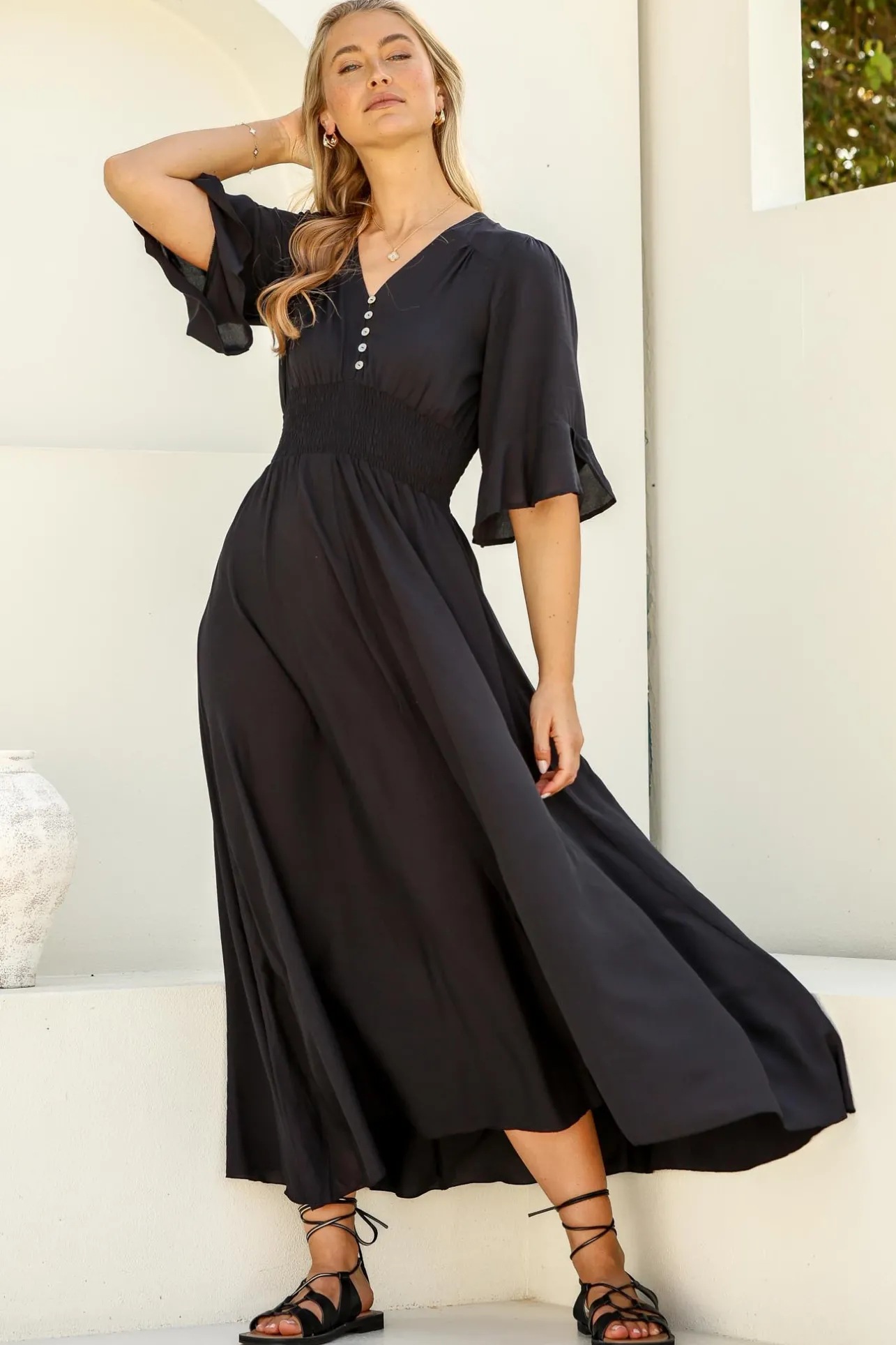 Alba Maxi Dress - Buttoned Bodice A Line Dress in Black>Salty Crush Best