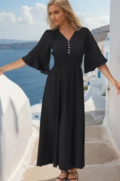 Alba Maxi Dress - Buttoned Bodice A Line Dress in Black><noscript><img width=