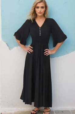 Alba Maxi Dress - Buttoned Bodice A Line Dress in Black><noscript><img width=