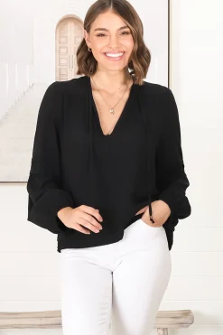Albany Top - Pleating Details Pull Over Top With Long Balloon Sleeves In Black>Salty Crush Sale