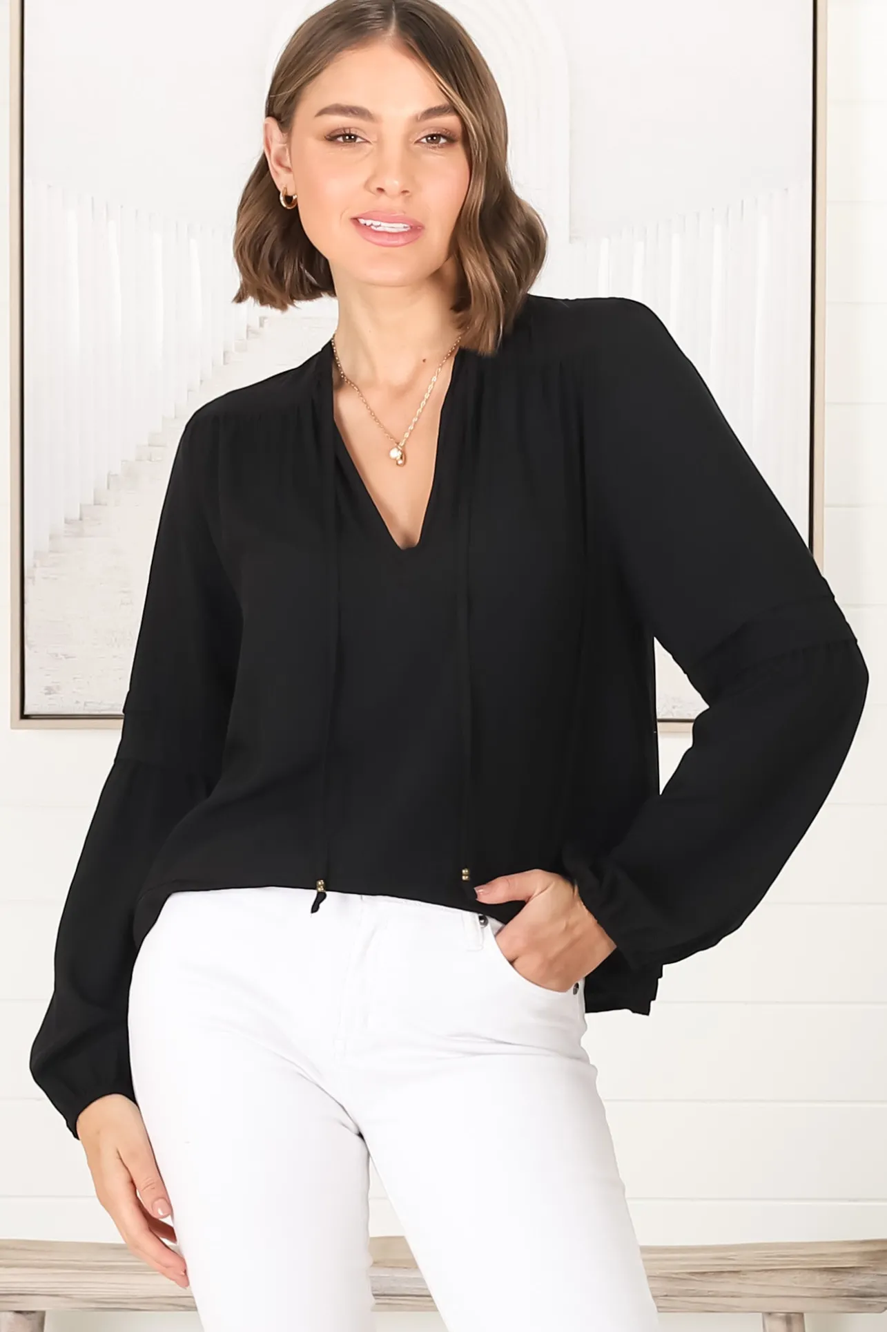 Albany Top - Pleating Details Pull Over Top With Long Balloon Sleeves In Black>Salty Crush Sale