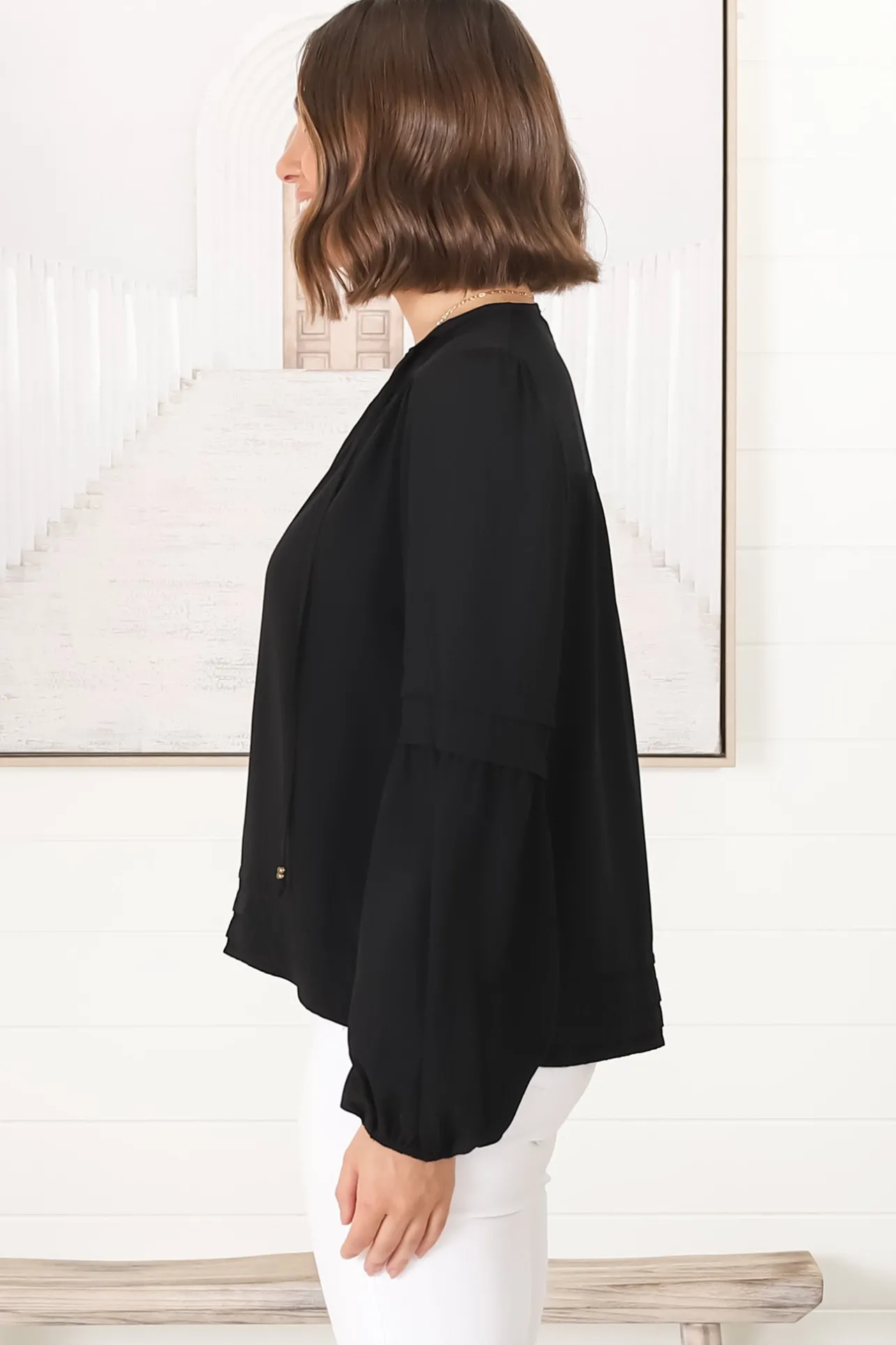 Albany Top - Pleating Details Pull Over Top With Long Balloon Sleeves In Black>Salty Crush Sale