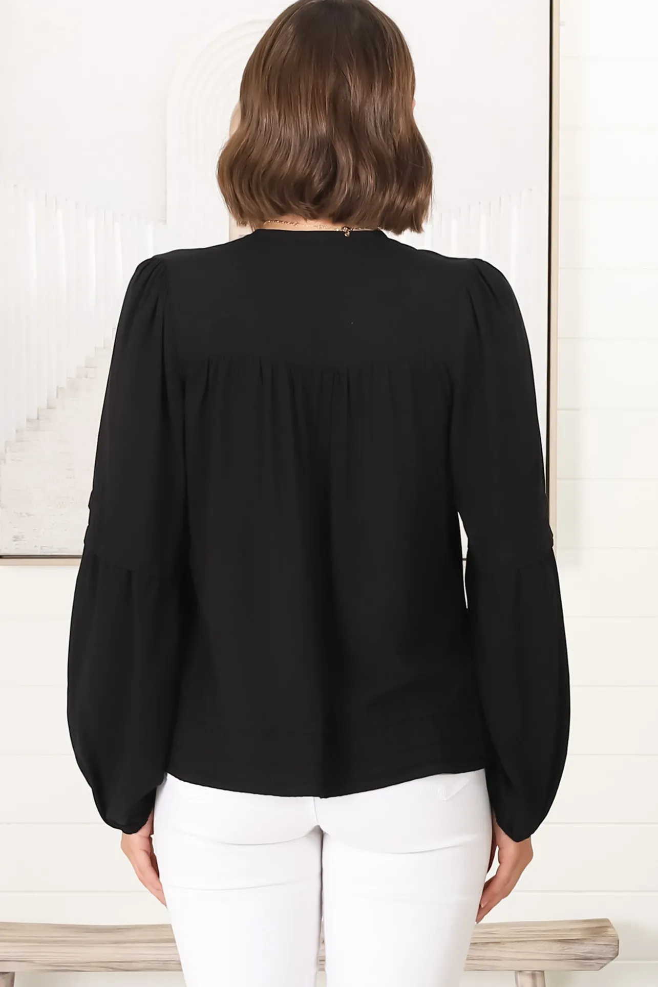 Albany Top - Pleating Details Pull Over Top With Long Balloon Sleeves In Black>Salty Crush Sale