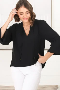 Albany Top - Pleating Details Pull Over Top With Long Balloon Sleeves In Black><noscript><img width=