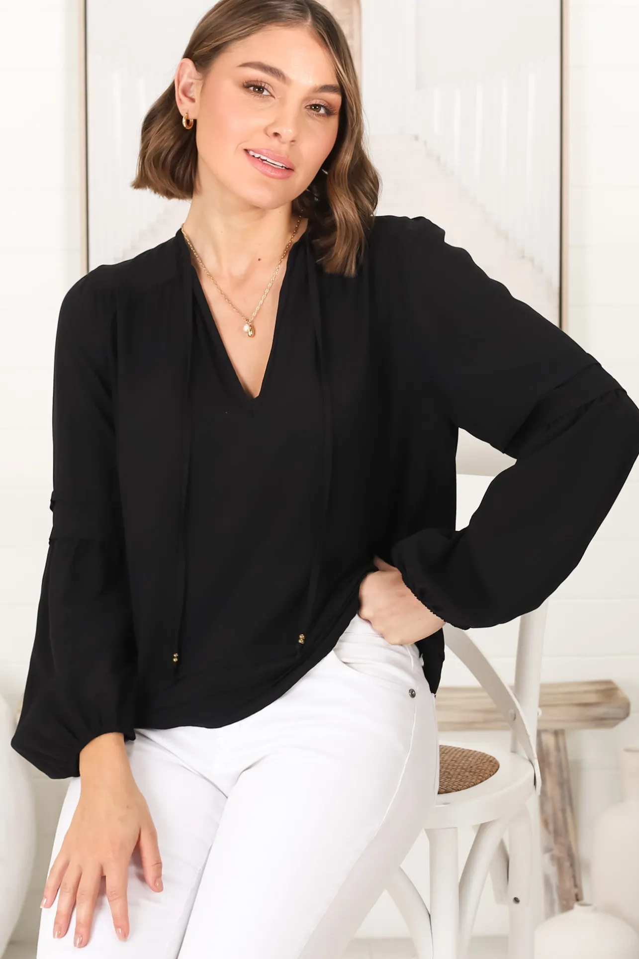 Albany Top - Pleating Details Pull Over Top With Long Balloon Sleeves In Black>Salty Crush Sale
