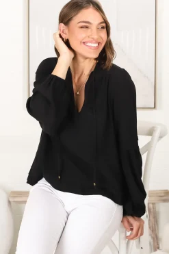 Albany Top - Pleating Details Pull Over Top With Long Balloon Sleeves In Black><noscript><img width=