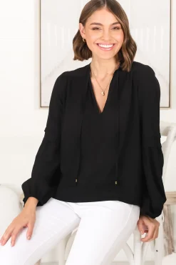 Albany Top - Pleating Details Pull Over Top With Long Balloon Sleeves In Black><noscript><img width=