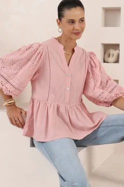 Alberta Blouse - Mandarin Collar Cut Out Embelished Balloon Sleeve Top in Pink>Salty Crush Clearance