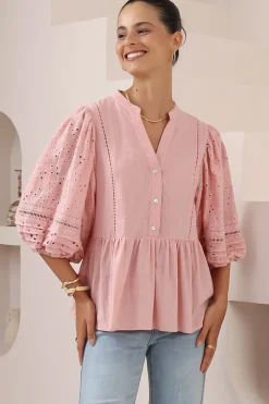 Alberta Blouse - Mandarin Collar Cut Out Embelished Balloon Sleeve Top in Pink>Salty Crush Clearance