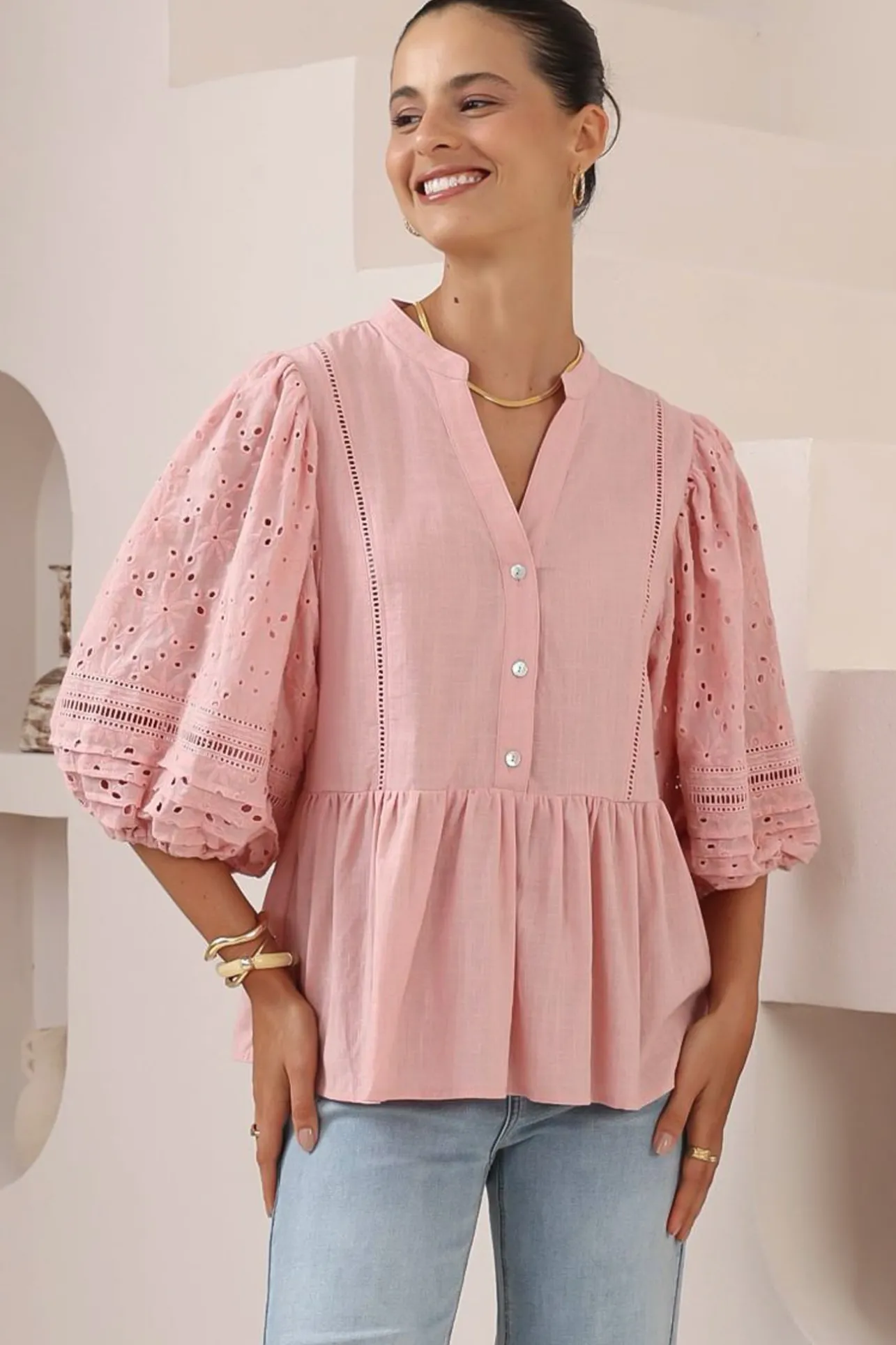 Alberta Blouse - Mandarin Collar Cut Out Embelished Balloon Sleeve Top in Pink>Salty Crush Clearance