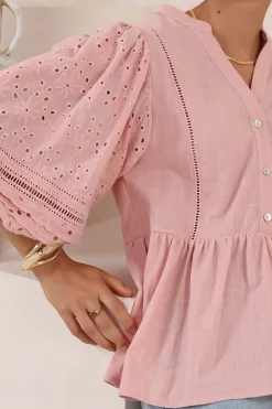 Alberta Blouse - Mandarin Collar Cut Out Embelished Balloon Sleeve Top in Pink><noscript><img width=
