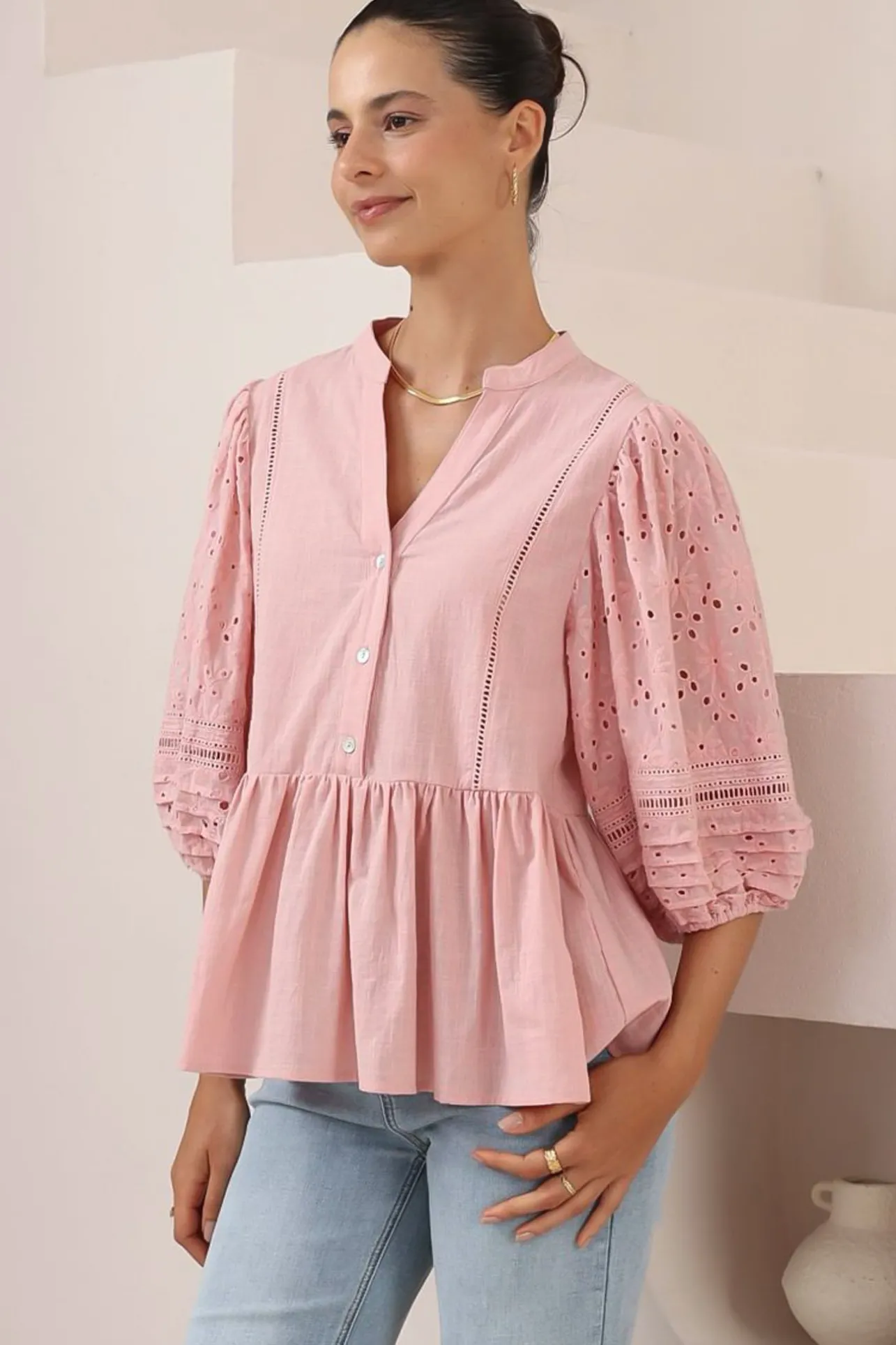 Alberta Blouse - Mandarin Collar Cut Out Embelished Balloon Sleeve Top in Pink>Salty Crush Clearance