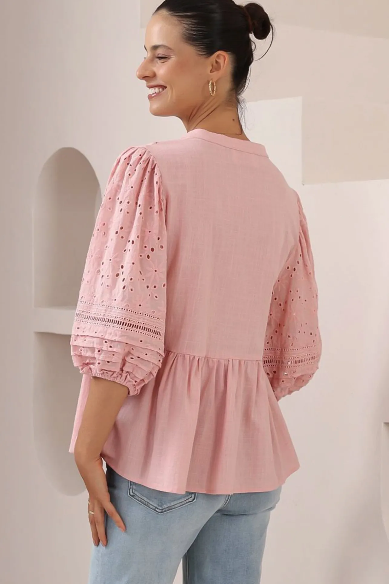 Alberta Blouse - Mandarin Collar Cut Out Embelished Balloon Sleeve Top in Pink>Salty Crush Clearance