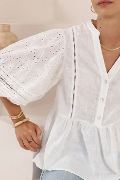 Alberta Blouse - Mandarin Collar Cut Out Embelished Balloon Sleeve Top in White><noscript><img width=
