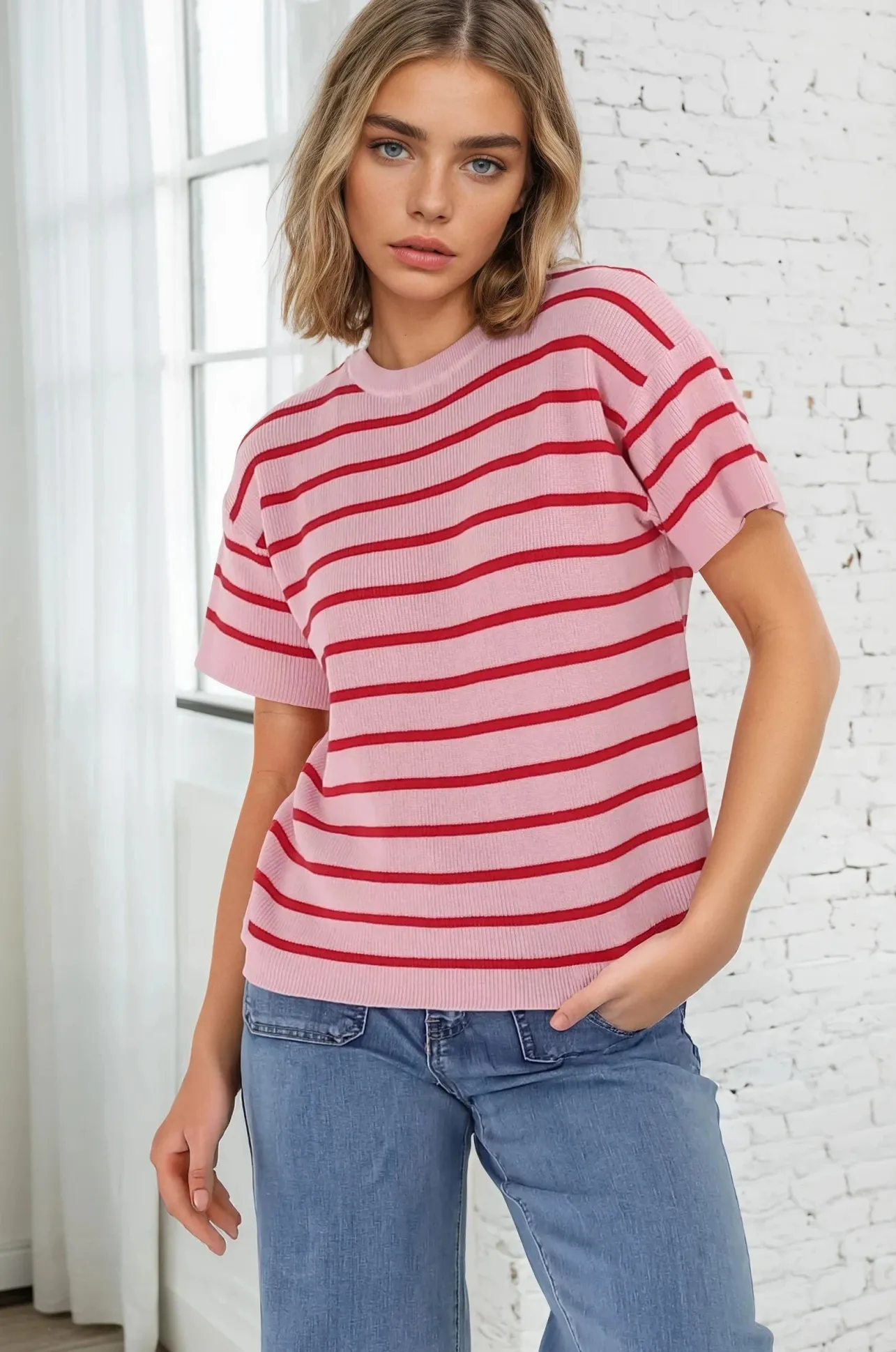 Alden Knit Top: Relaxed Striped Crew Neck Top in Pink>Salty Crush Discount