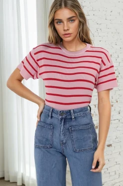 Alden Knit Top: Relaxed Striped Crew Neck Top in Pink>Salty Crush Discount