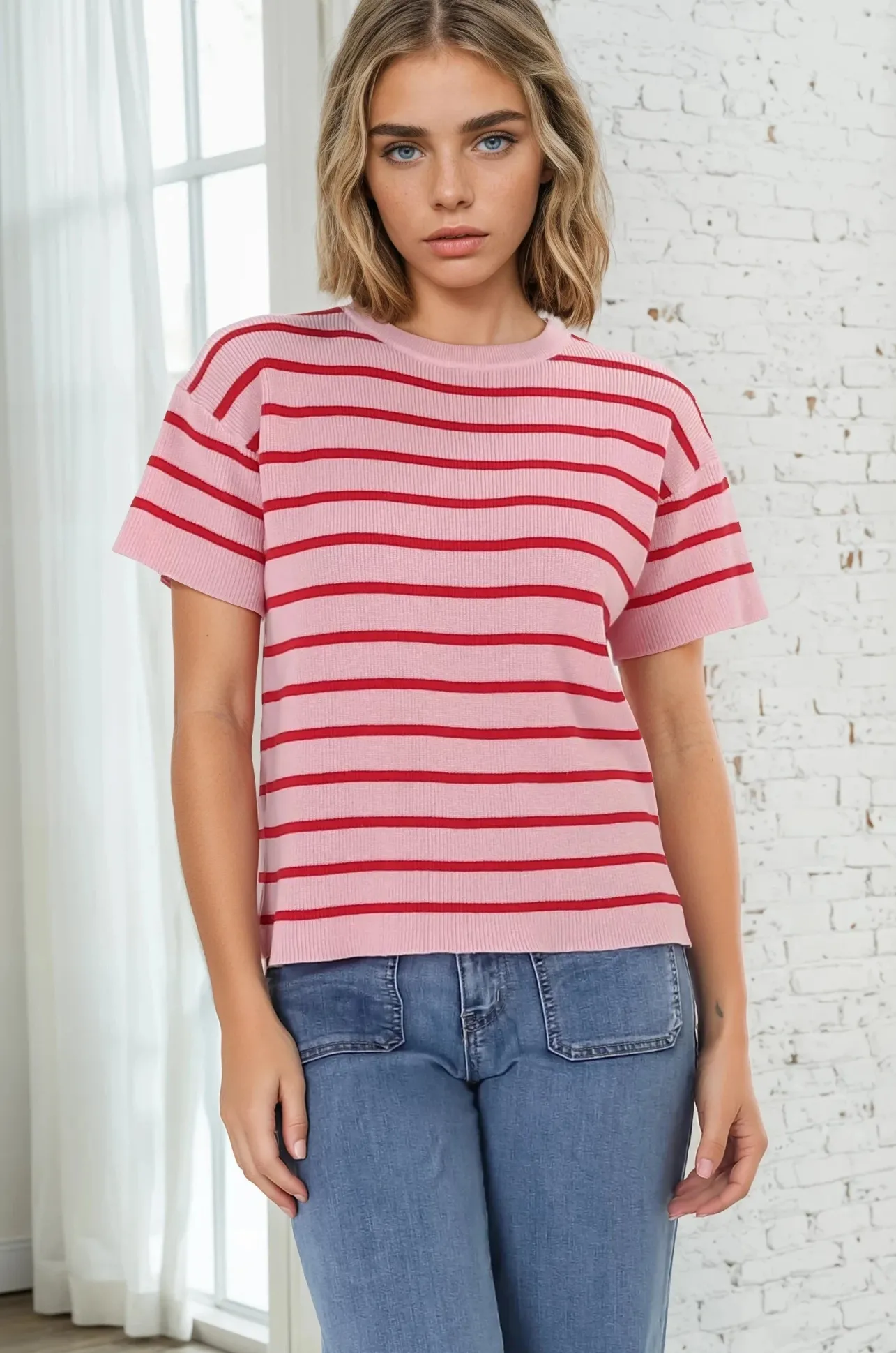 Alden Knit Top: Relaxed Striped Crew Neck Top in Pink>Salty Crush Discount